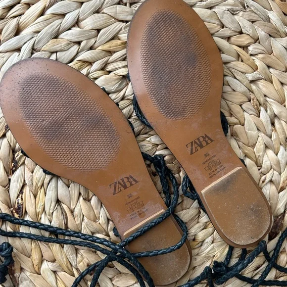 Zara lace-up Black Braided Sandals with Brown Footbed worn twice - Picture 3 of 3